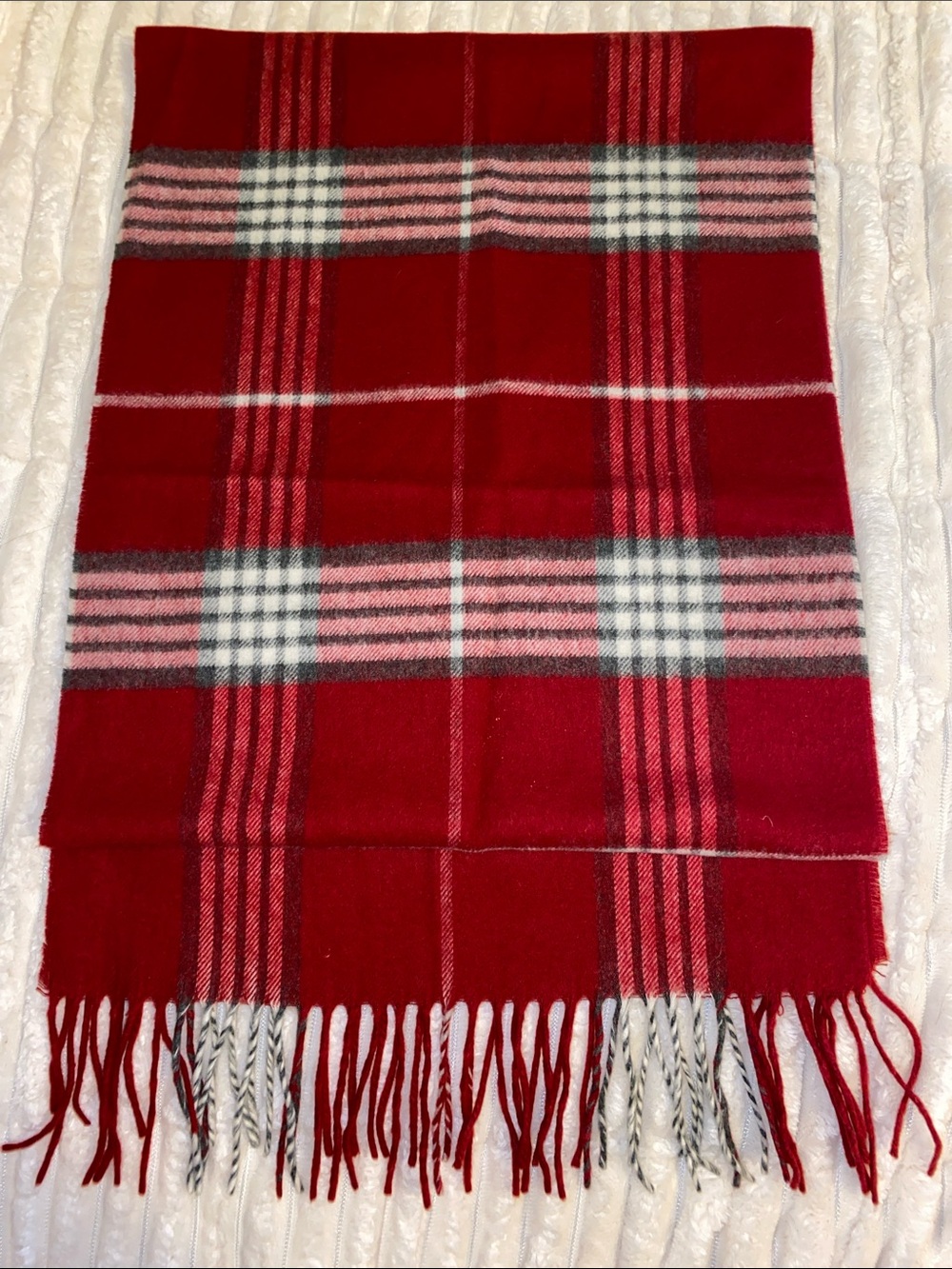 Lord & Taylor Red Plaid Wool Scarf with Tartan Stripes